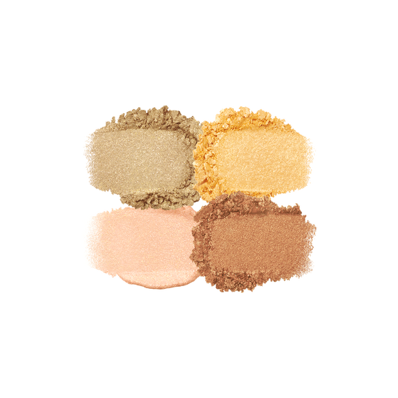 Photo of the 26 AW Holiday Collection limited-edition EYE COLOR QUAD texture. The image displays four distinct textured eyeshadow smears arranged in a quad formation, each showing a shimmering powder texture with crushed flakes at the edges.