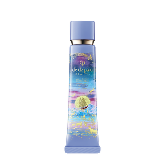 Photo of the 26 AW Holiday Collection limited-edition CORRECTING CREAM VEIL. The pastel purple tube features a scenic illustration of a hot air balloon, moon, and animals, decorated with gold star outlines and a matching cap.