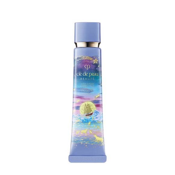 Photo of the 26 AW Holiday Collection limited-edition CORRECTING CREAM VEIL. The pastel purple tube features a scenic illustration of a hot air balloon, moon, and animals, decorated with gold star outlines and a matching cap.
