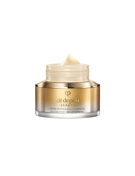 Photo of the smooth, rich texture of RESTORATIVE CREAM
						SUPREME, shown as a pale, glossy, creamy teardrop-shaped swatch.