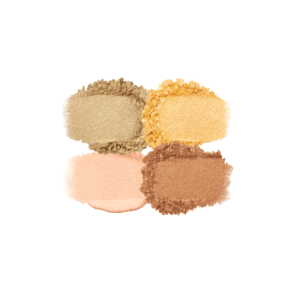 Photo of the 26 AW Holiday Collection limited-edition EYE COLOR QUAD texture. The image displays four distinct textured eyeshadow smears arranged in a quad formation, each showing a shimmering powder texture with crushed flakes at the edges.