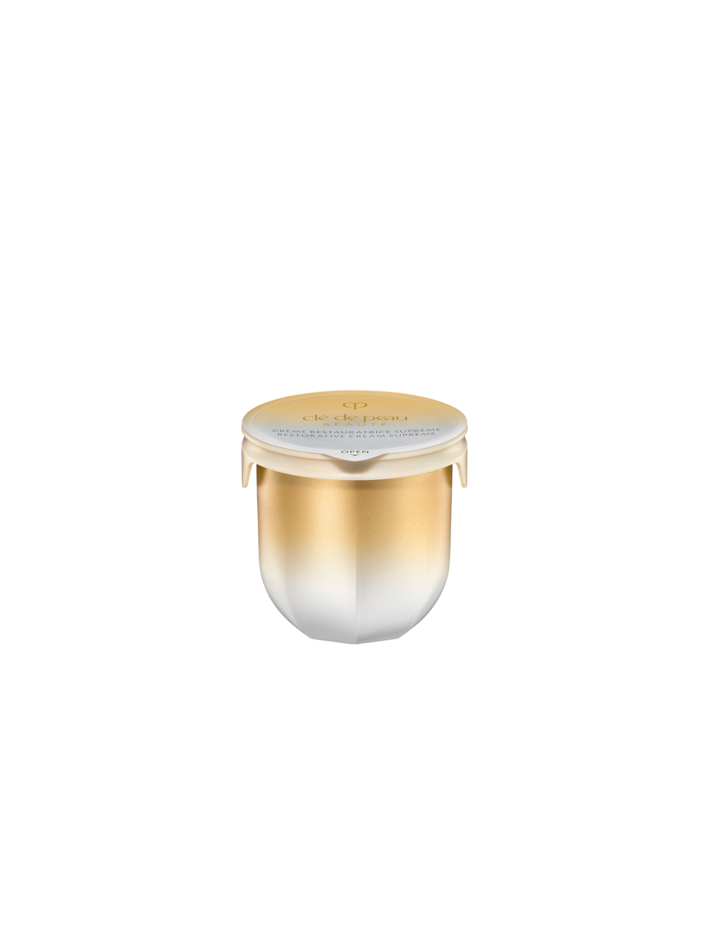 Photo of the 50ml refill for RESTORATIVE CREAM
						SUPREME. The refill capsule features a gold-to-white gradient design with a
						sealed gold lid, designed to fit perfectly into the original jar.