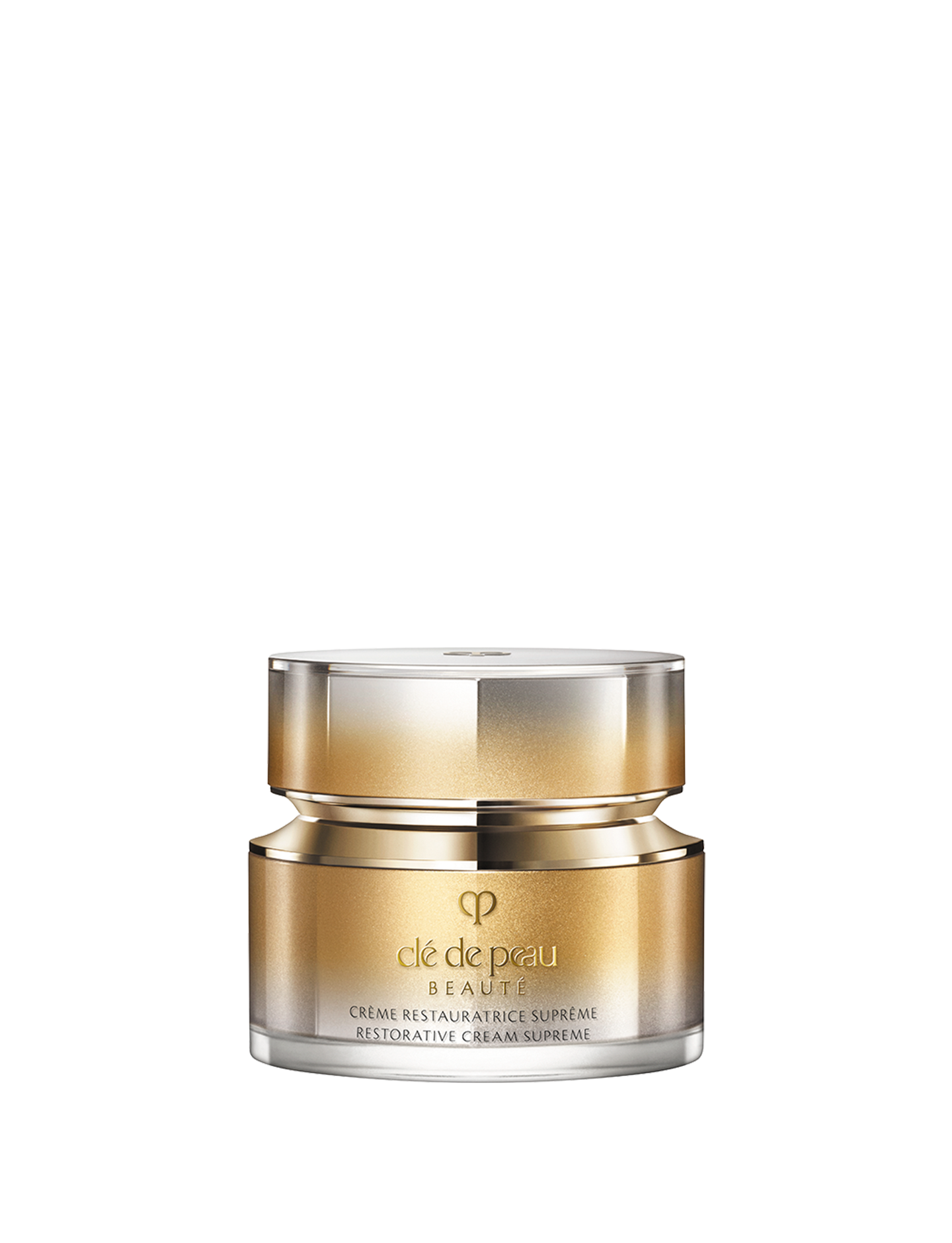 Photo of of a jar of RESTORATIVE CREAM SUPREME
						featuring a metallic gold-to-silver gradient body and a multifaceted
						metallic gold cap. SIZE: 50mL