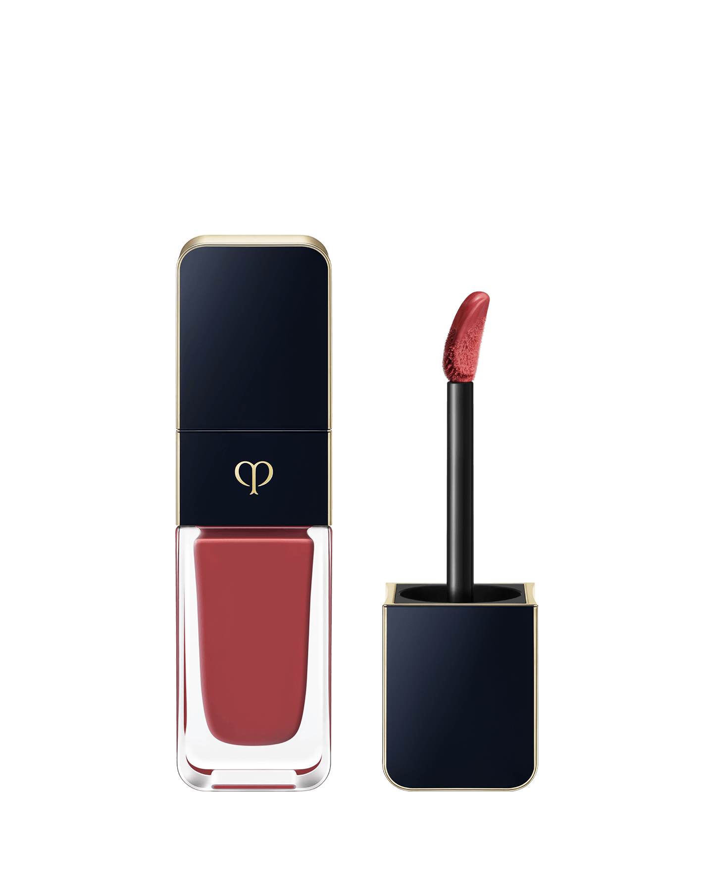 Photo of CREAM ROUGE SHINE, with a blue-black cap engraved with the brand logo and a clear body. The cap comes with a stick with a tip attached. SHADE: 204.