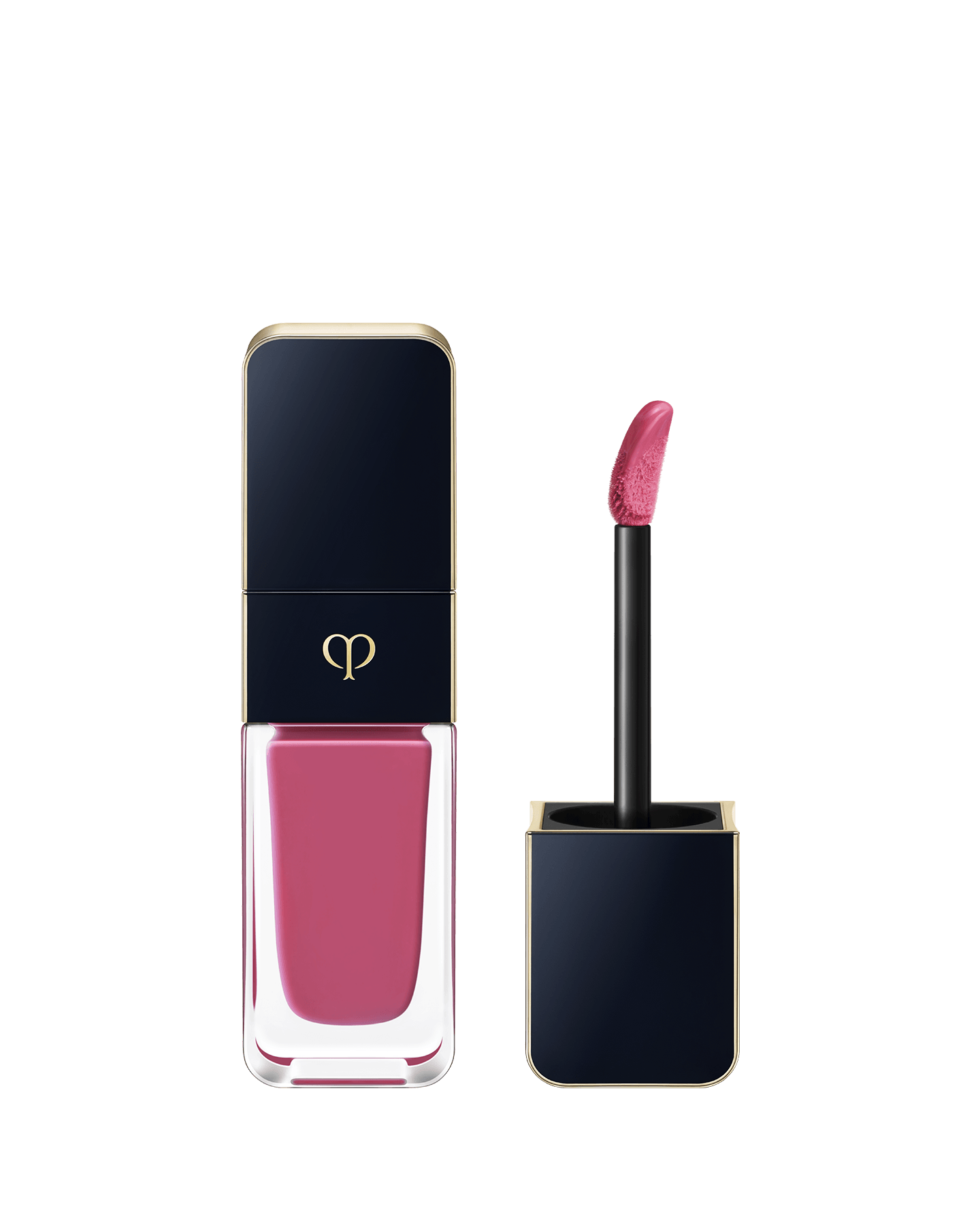 Photo of CREAM ROUGE SHINE, with a blue-black cap engraved with the brand logo and a clear body. The cap comes with a stick with a tip attached. SHADE: 206.