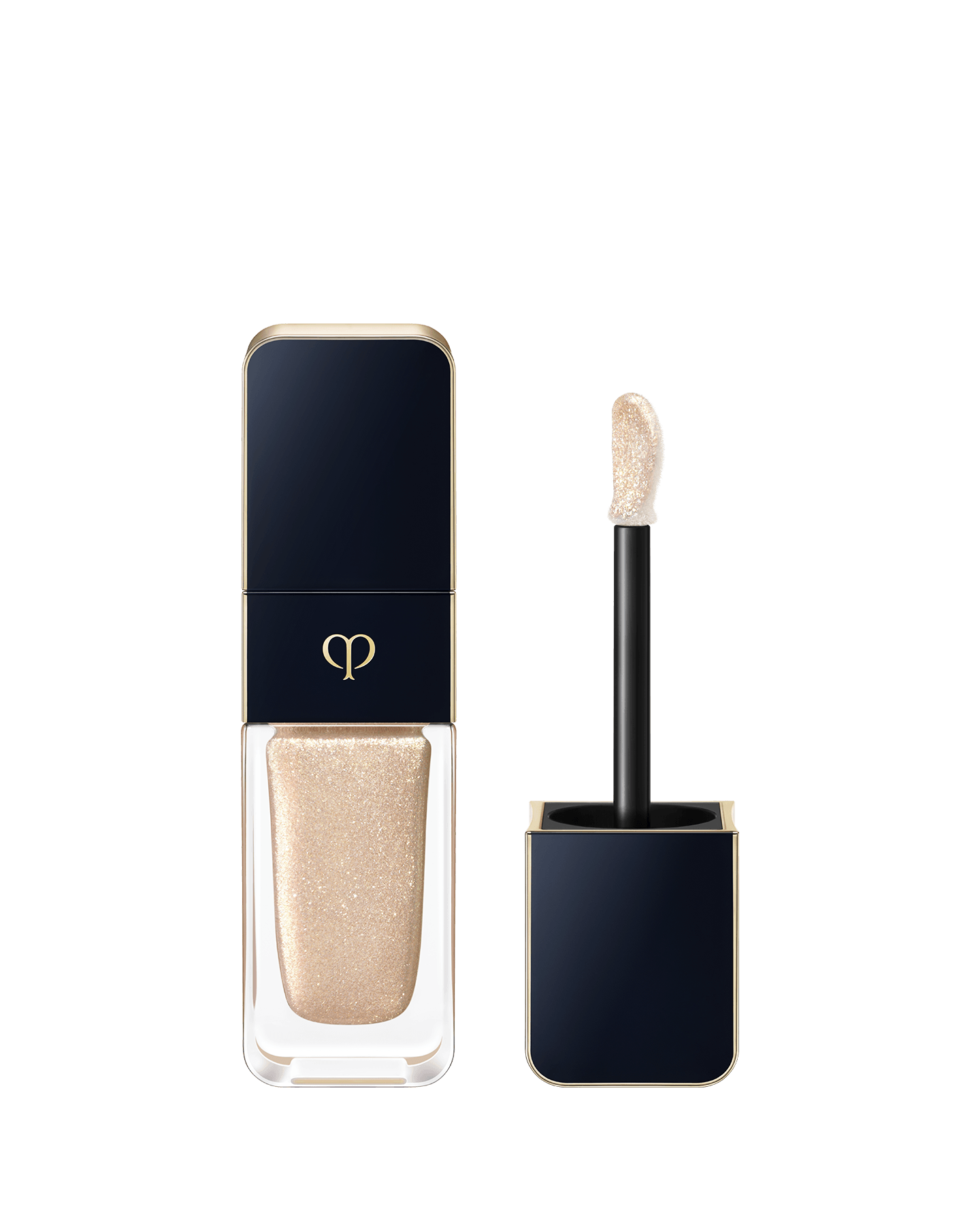 Photo of CREAM ROUGE SPARKLES with a blue-black cap engraved with the brand logo and a transparent body. The cap includes an applicator with a precision tip. SHADE: 302