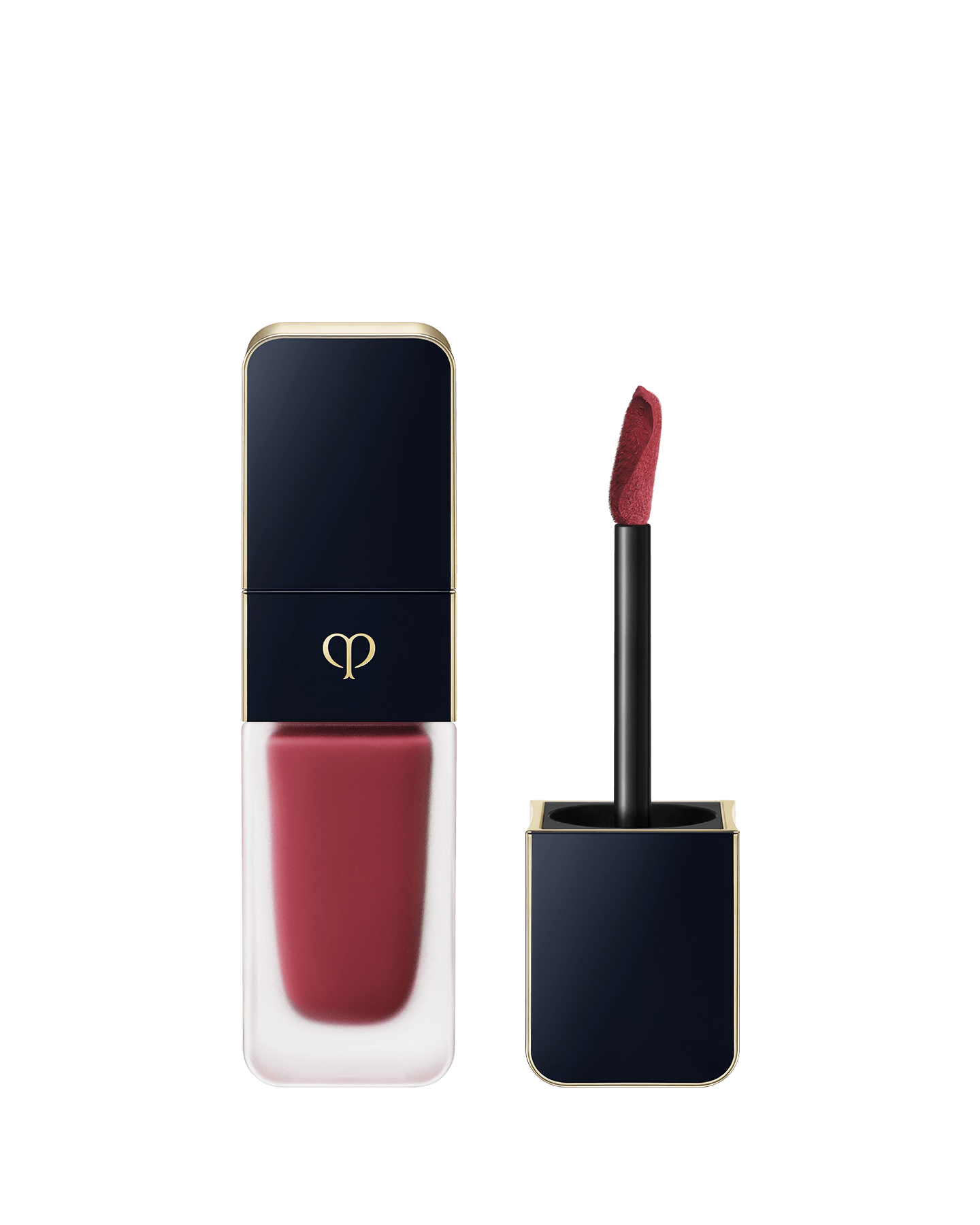 Photo of CREAM ROUGE MATTE with a translucent body and a blue-black cap engraved with the brand logo. The cap comes with a stick with a tip attached. SHADE: 114.