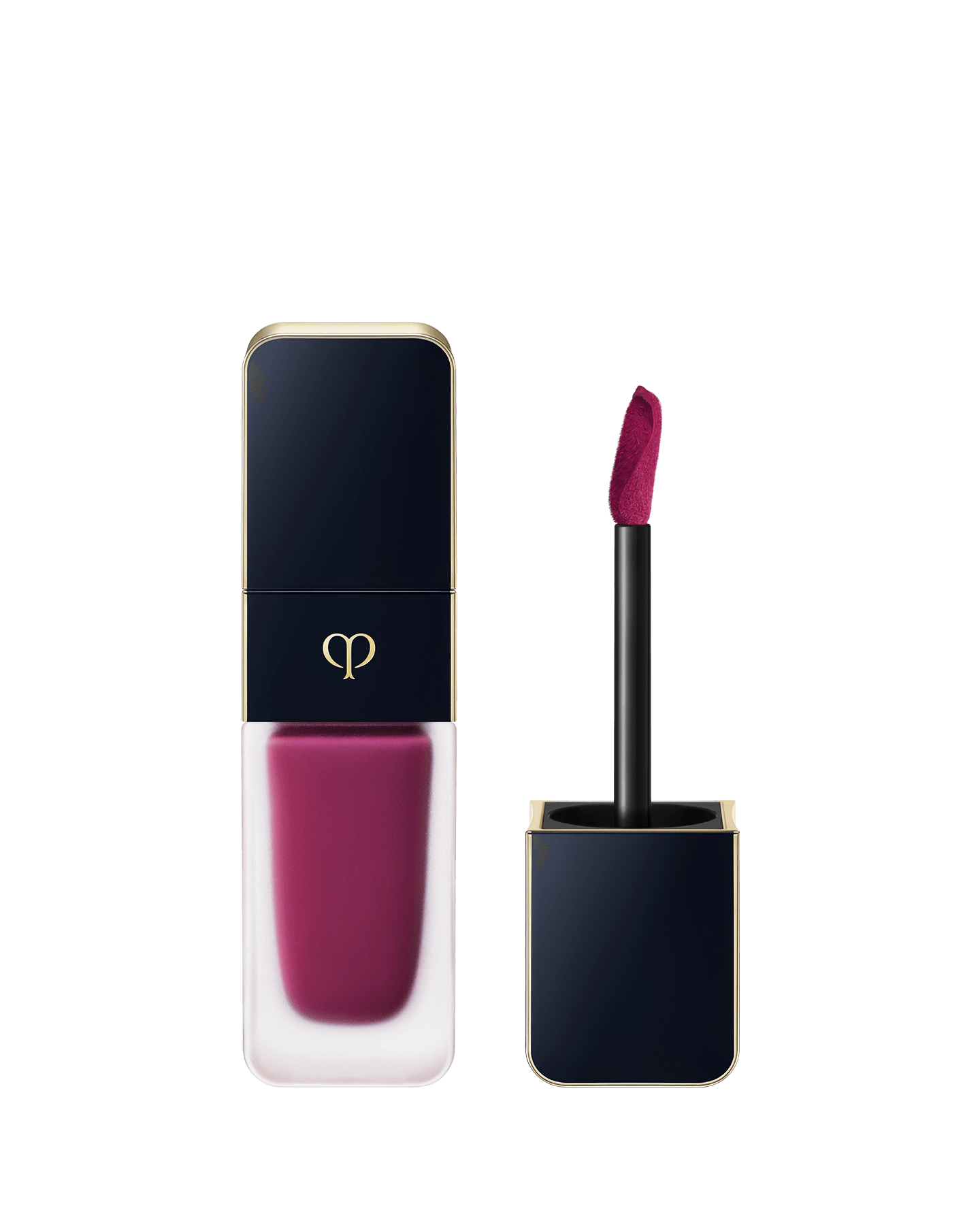 Photo of CREAM ROUGE MATTE with a translucent body and a blue-black cap engraved with the brand logo. The cap comes with a stick with a tip attached. SHADE: 120.