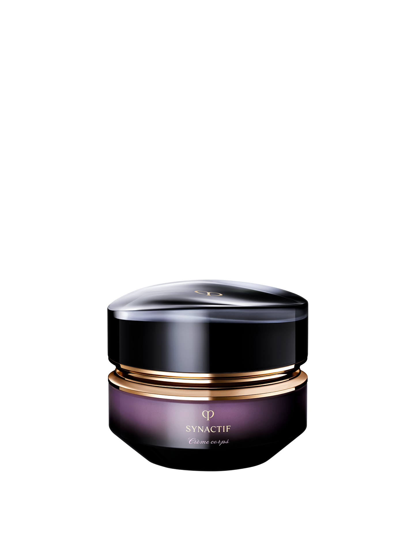 Photo of a jar of SYNACTIF body cream featuring a deep violet gradient glass body with a rounded, glossy black cap and gold accents. SIZE: 195ml